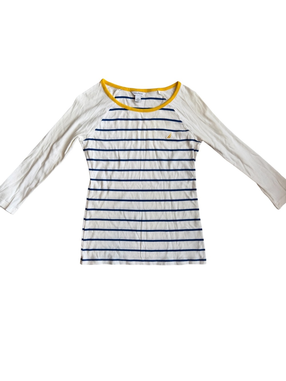 Nautica 3/4 Sleeve Striped Blue White Yellow Cotton Shirt Women’s Size XS